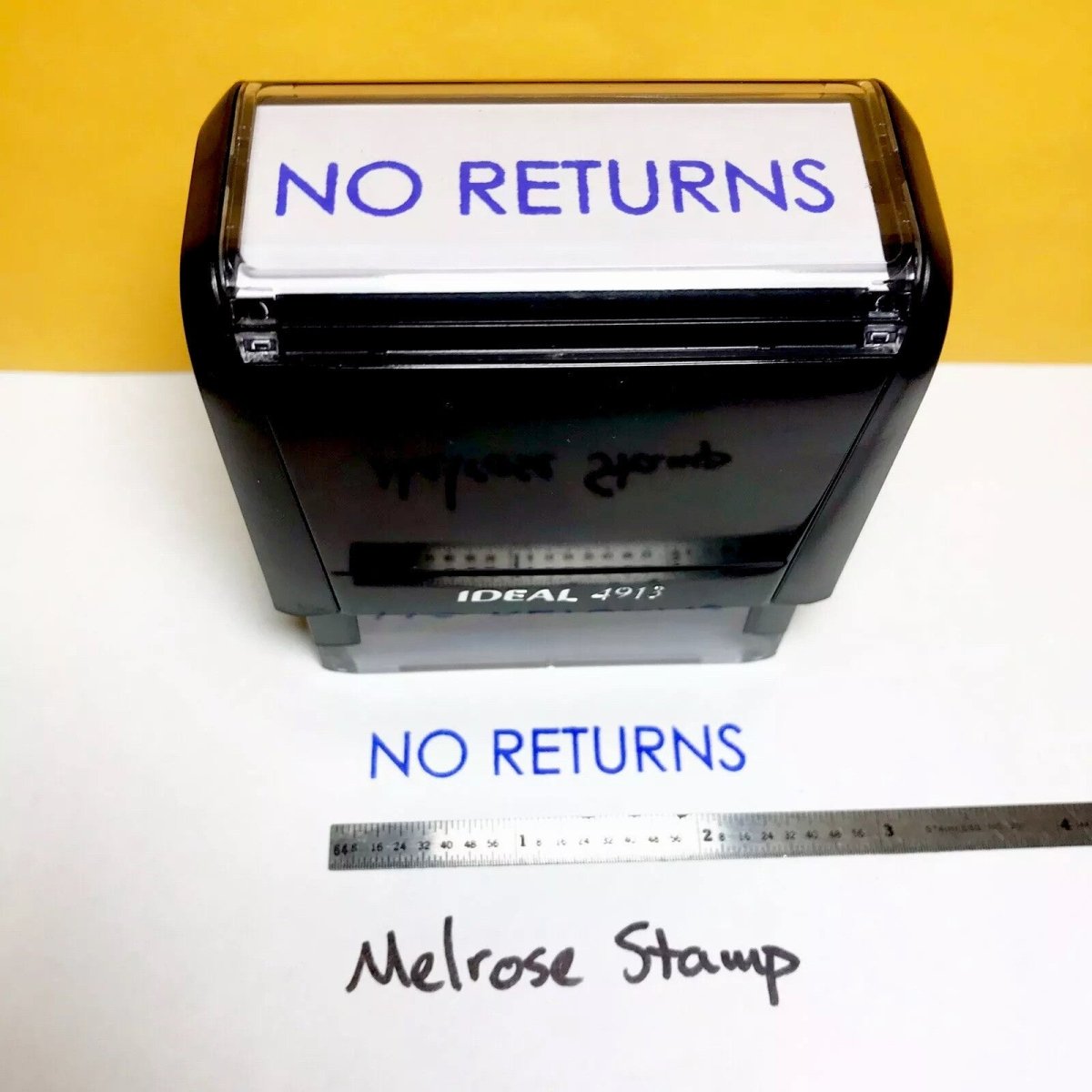 No Returns Rubber Stamp Self Inking Blue Ink Ideal 4913 - Melrose Stamp Co