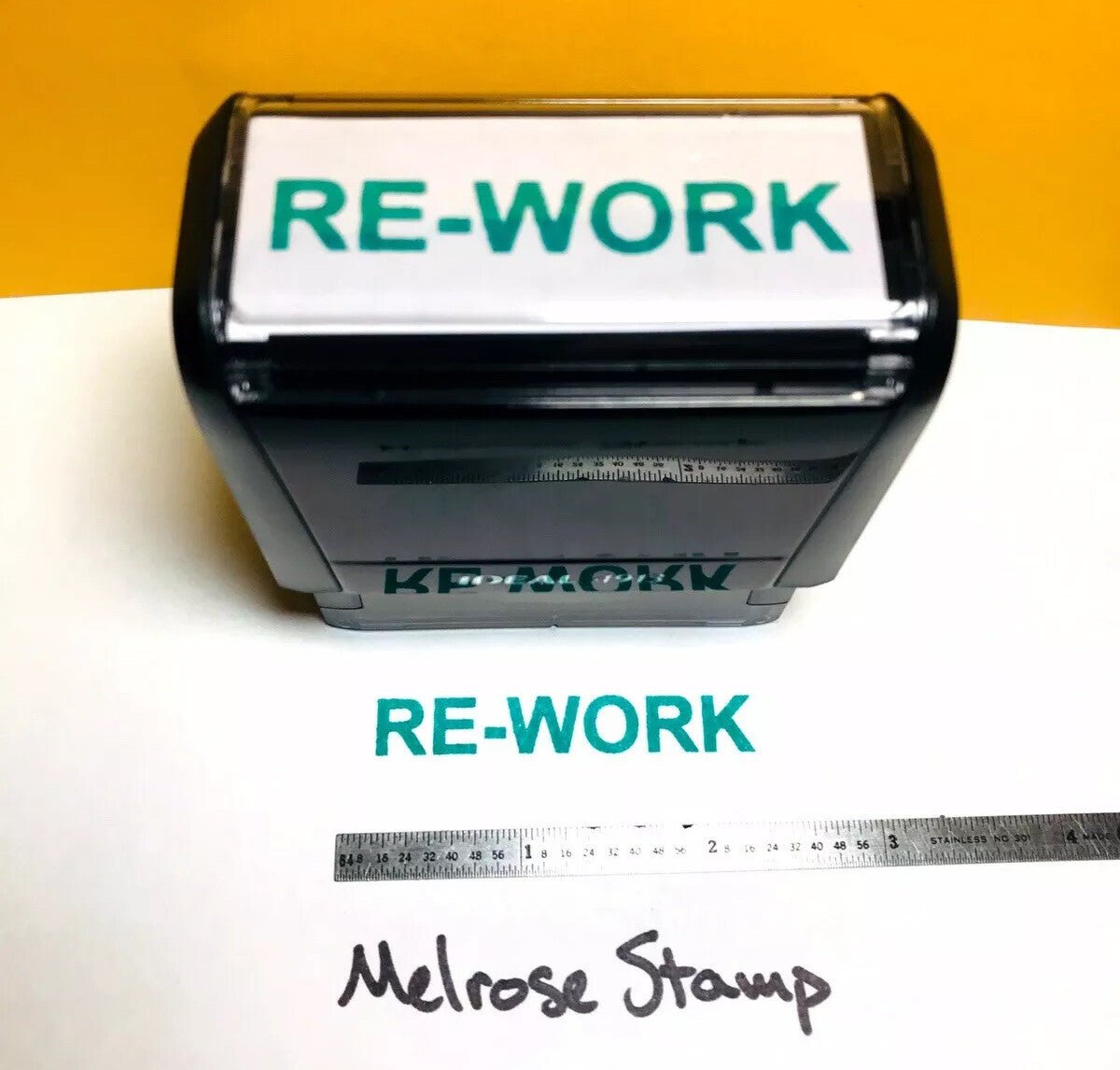 Rework Rubber Stamp Green Ink Self Inking Ideal 4913 - Melrose Stamp Co