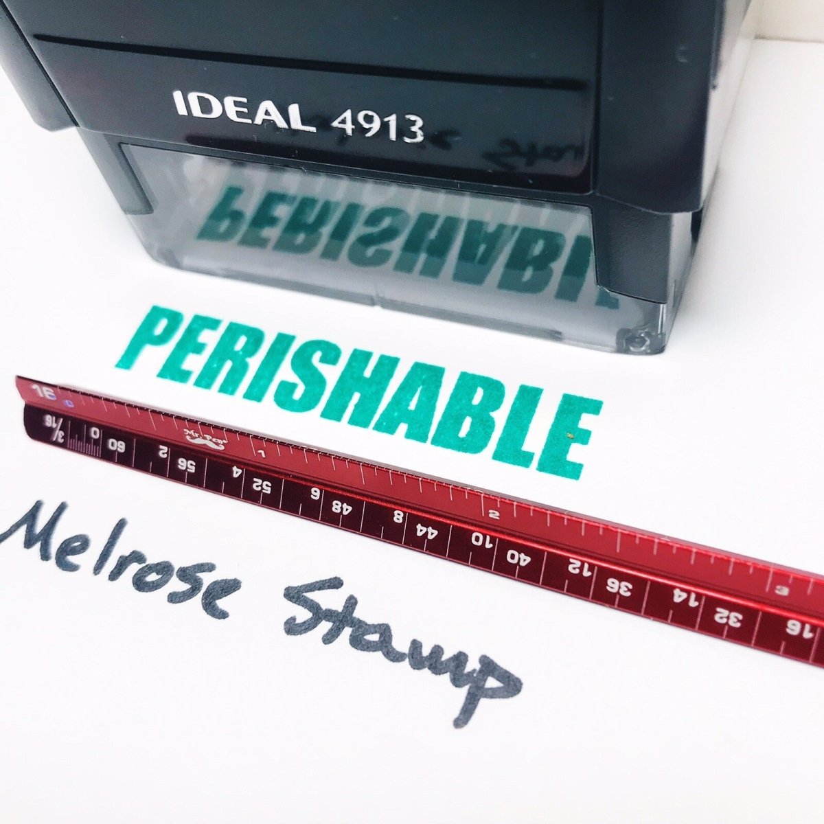 Perishable Rubber Stamp Green Ink Self Inking Ideal 4913 - Melrose Stamp Co