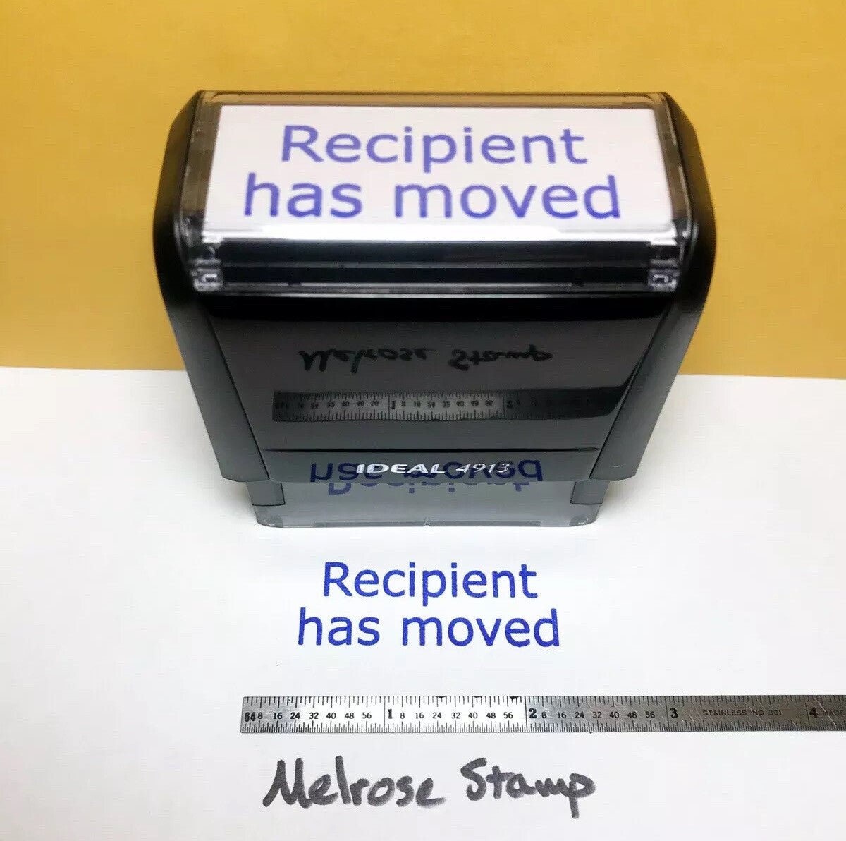 Recipient Has Moved Rubber Stamp Blue Ink Self Inking Ideal 4913 - Melrose Stamp Co