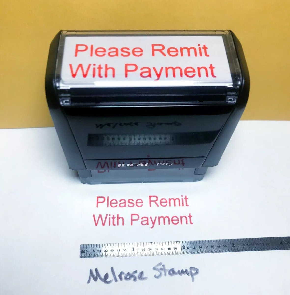 Please Remit With Payment Rubber Stamp Red Ink Self Inking Ideal 4913 - Melrose Stamp Co