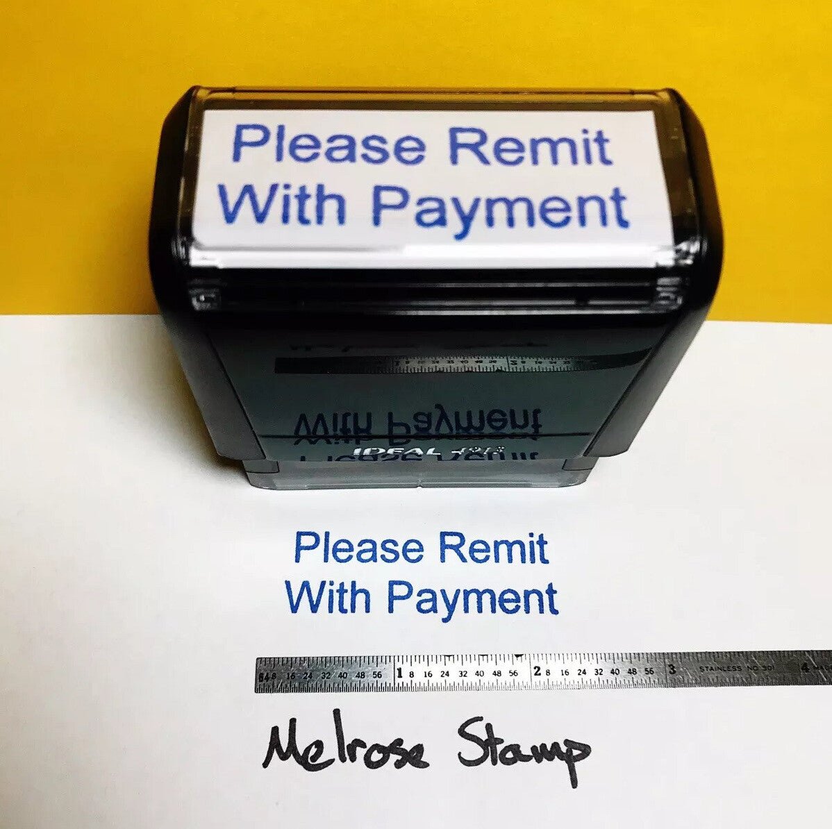 Please Remit With Payment Rubber Stamp Blue Ink Self Inking Ideal 4913 - Melrose Stamp Co
