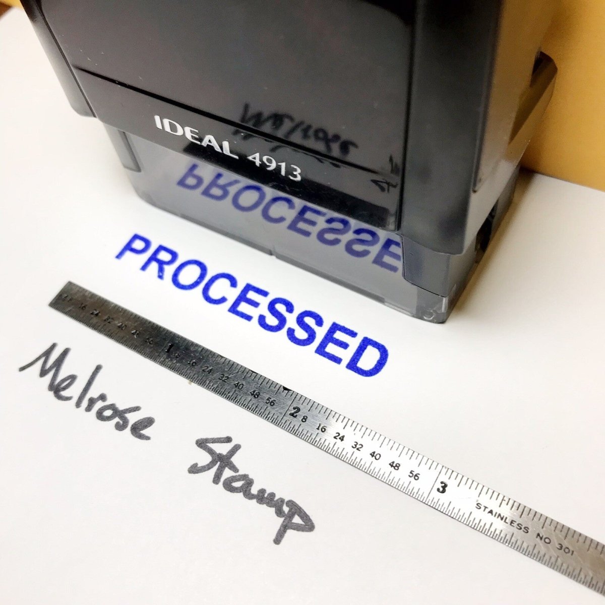 Processed Rubber Stamp Blue Ink Self Inking Ideal 4913 - Melrose Stamp Co