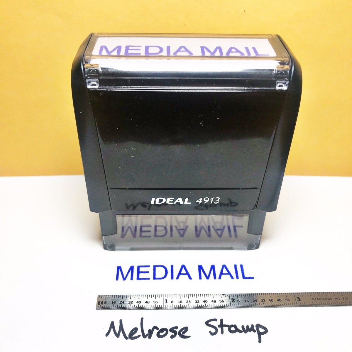 Media Mail Rubber Stamp Blue Ink Self Inking Ideal 4913 - Melrose Stamp Co