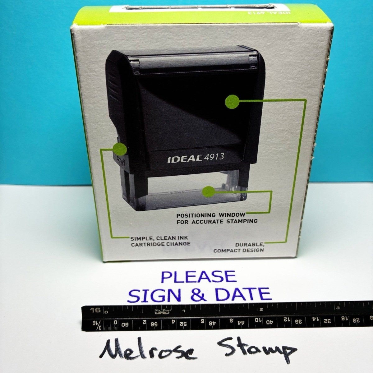Please Sign And Date Rubber Stamp Purple Ink Self Inking Ideal 4913 - Melrose Stamp Co