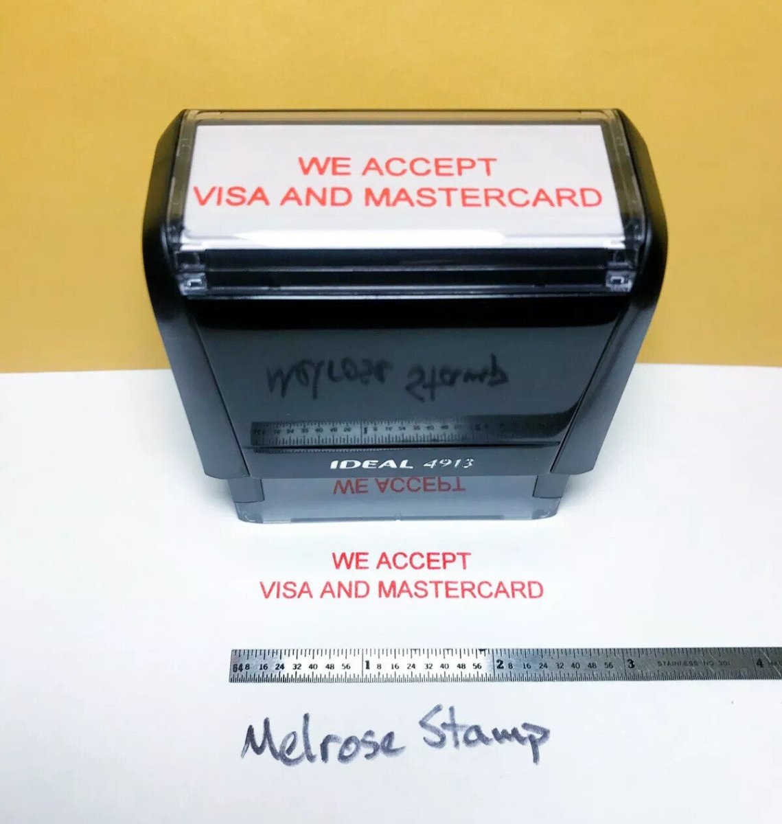 We Accept Visa and Mastercard Rubber Stamp Red Ink Self Inking Ideal 4913 - Melrose Stamp Co