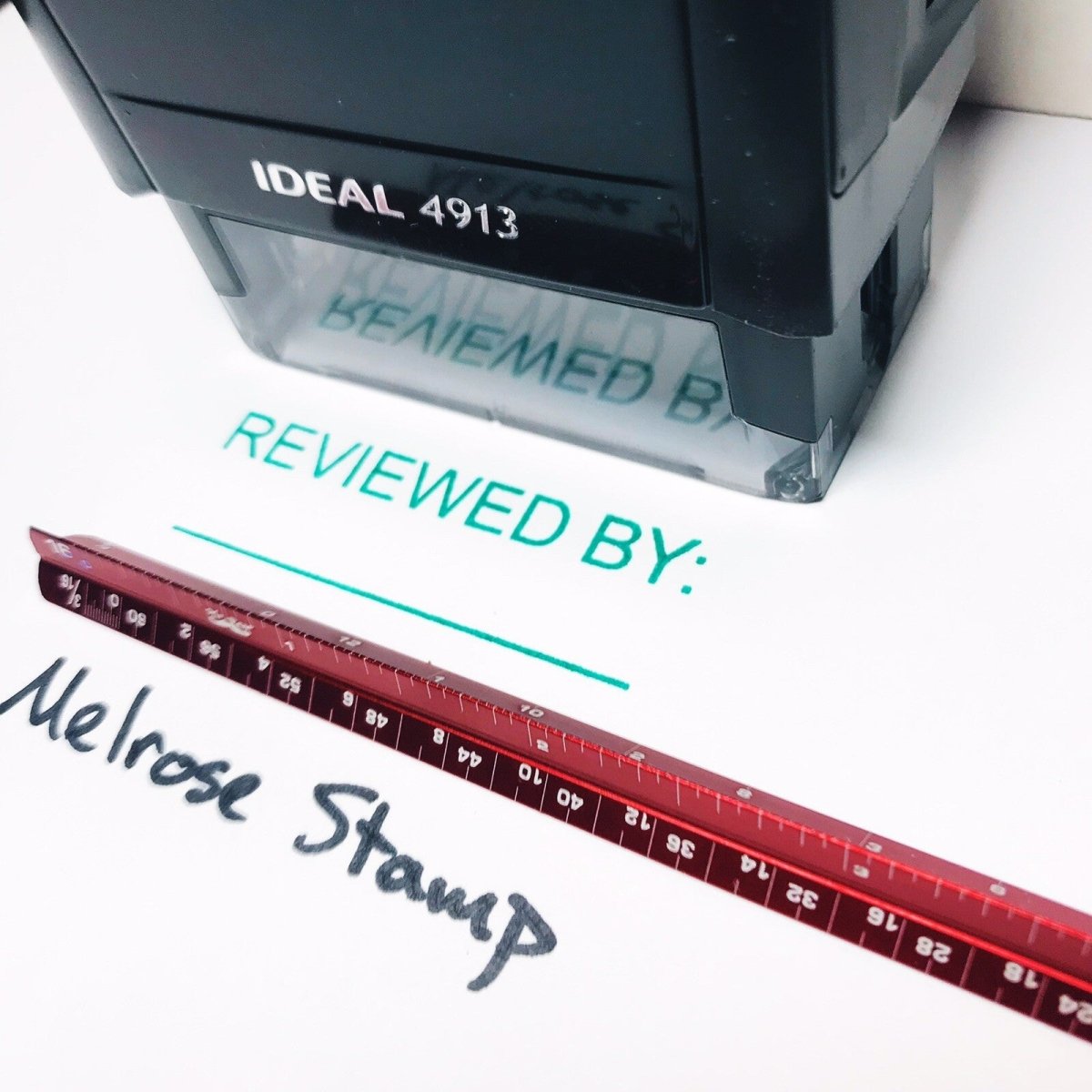 Reviewed By With Line Rubber Stamp Green Ink Self Inking Ideal 4913 - Melrose Stamp Co