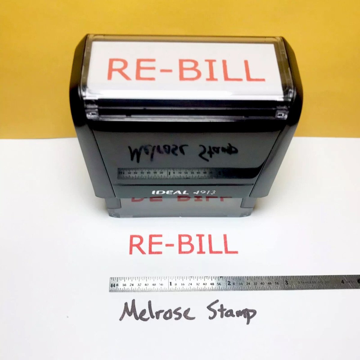 Re-bill Rebill Rubber Stamp Red Ink Self Inking Ideal 4913 - Melrose Stamp Co