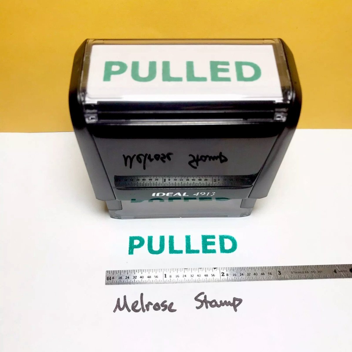 Pulled Rubber Stamp Green Ink Self Inking Ideal 4913 - Melrose Stamp Co