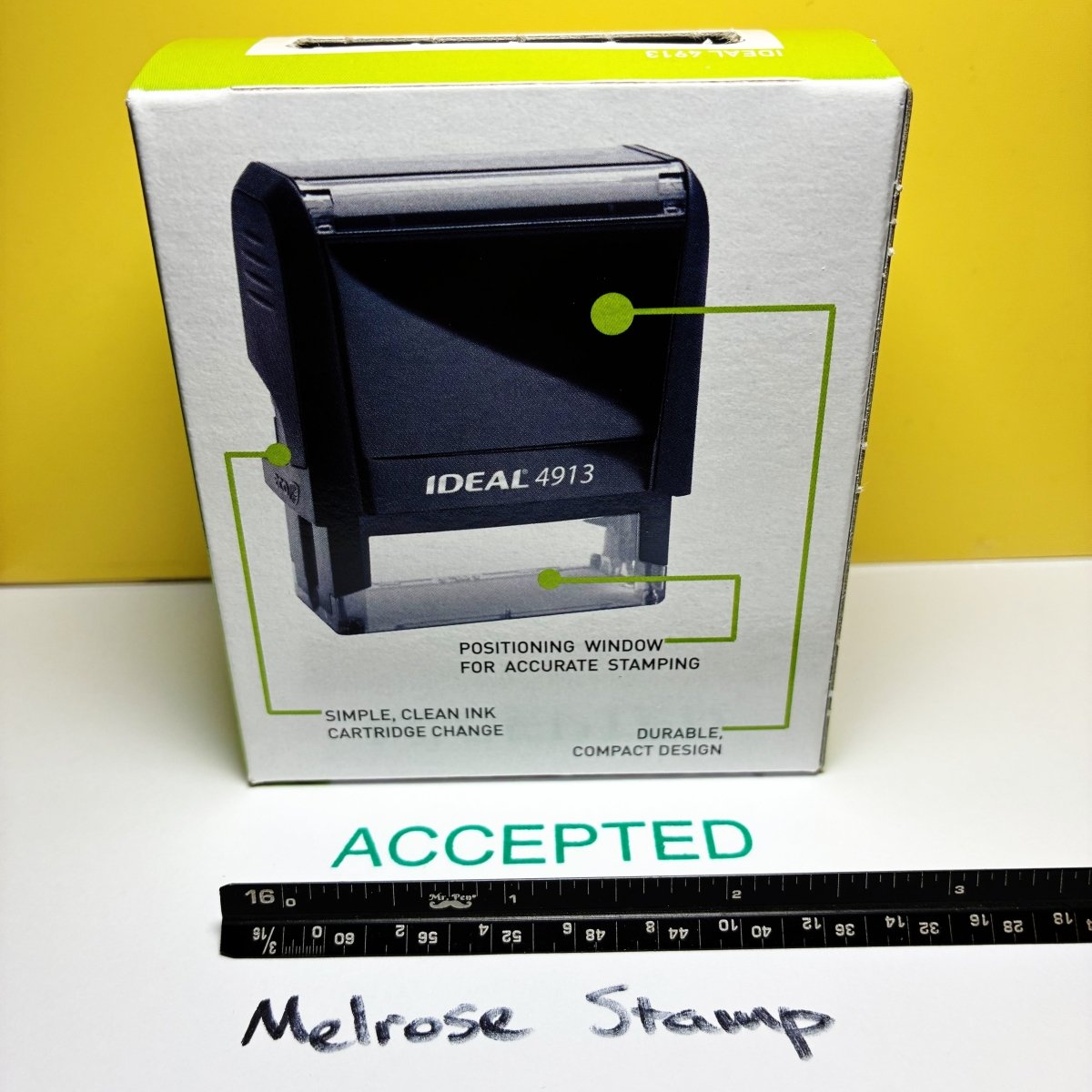 Accepted Rubber Stamp Green Ink Self Inking Ideal 4913 - Melrose Stamp Co