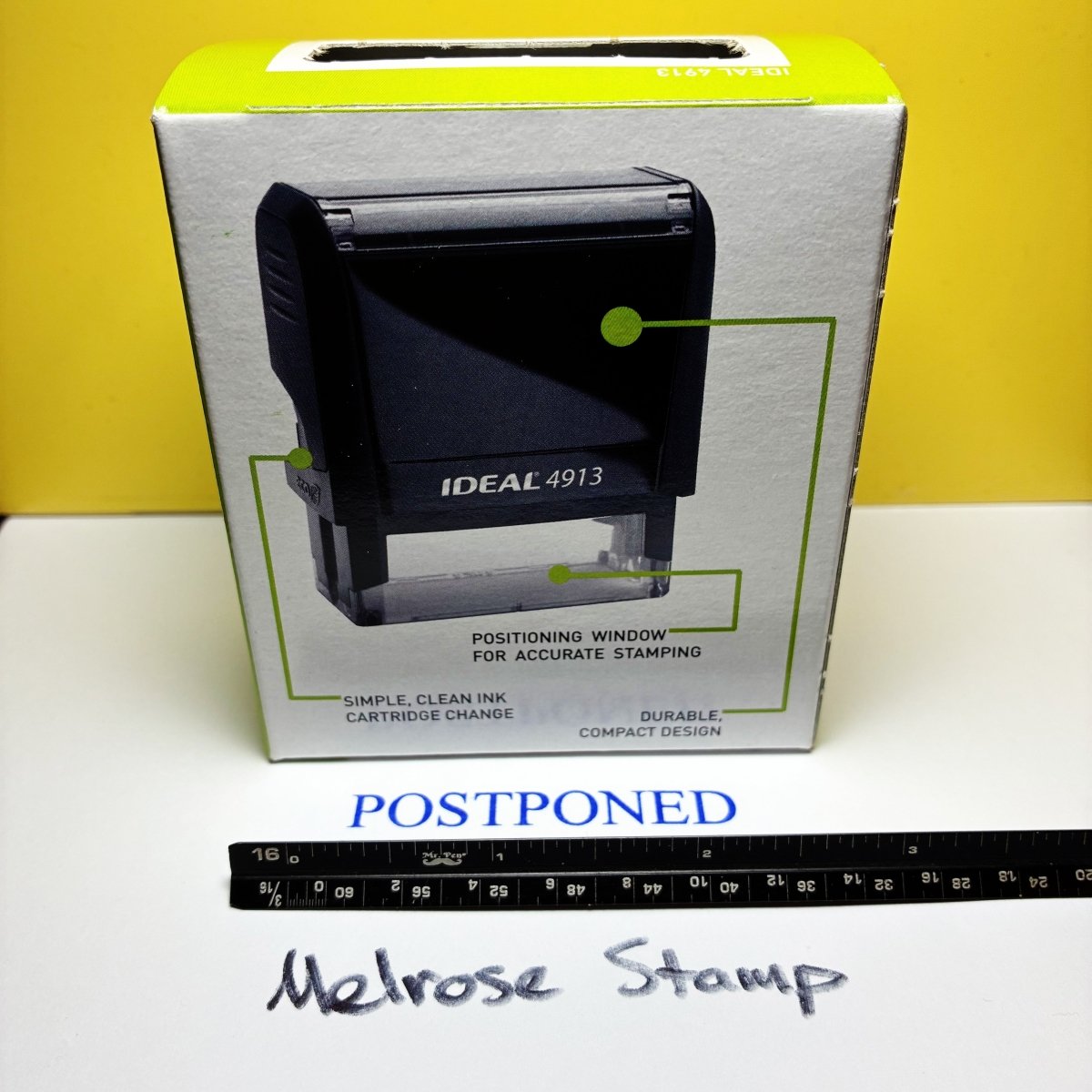 Postponed Rubber Stamp Blue Ink Self Inking Ideal 4913 - Melrose Stamp Co