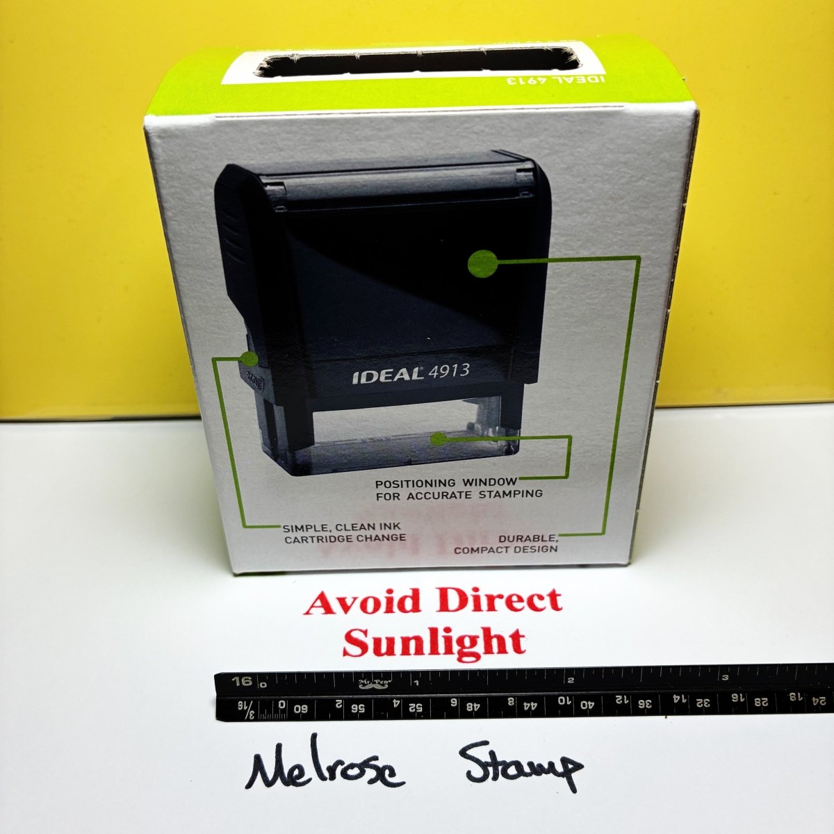 Avoid Direct Sunlight Rubber Stamp Red Ink Self Inking Ideal 4913 - Melrose Stamp Co