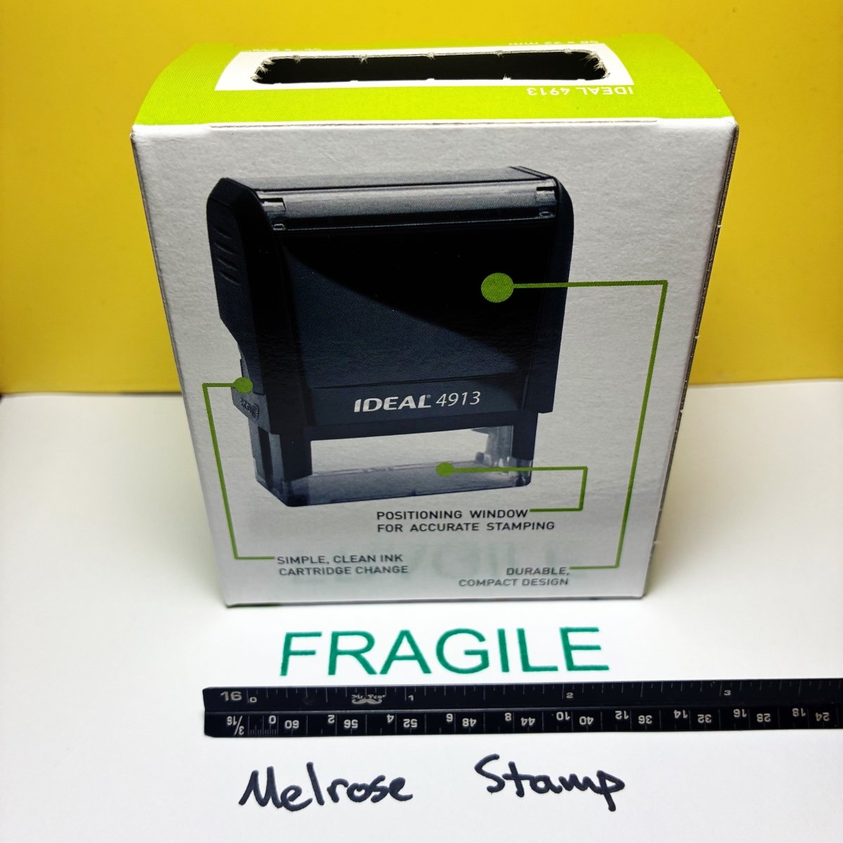 Fragile Rubber Stamp Green Ink Self Inking Ideal 4913 - Melrose Stamp Co