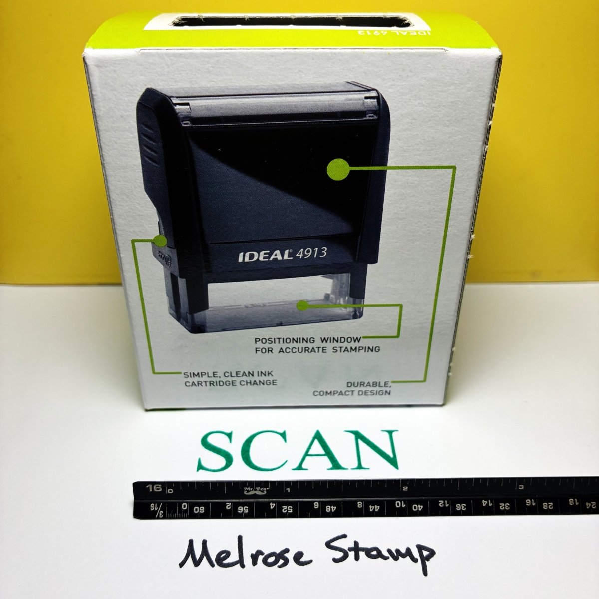Scan Rubber Stamp Green Ink Self Inking Ideal 4913 - Melrose Stamp Co