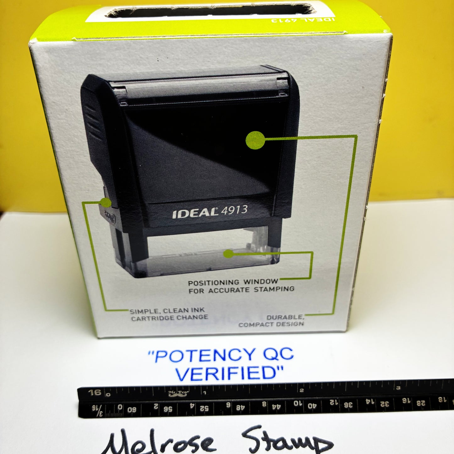 POTENCY QC VERIFIED stamp blue ink self-inking large in the box