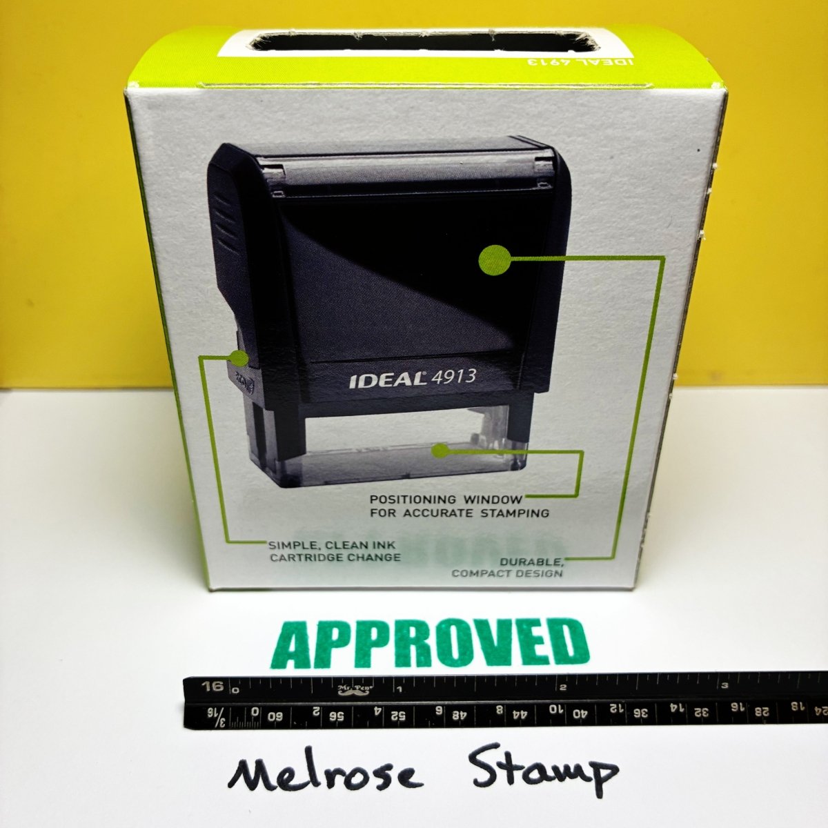 Approved Rubber Stamp Green Ink Self Inking Ideal 4913 - Melrose Stamp Co