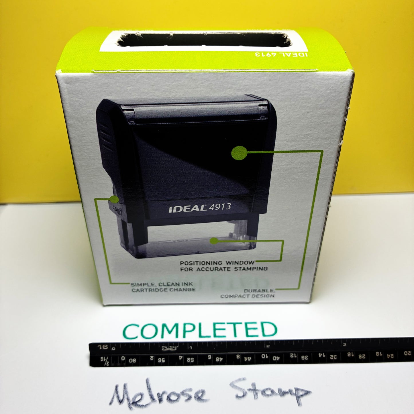 Completed Self Inking Rubber Stamp Green Ink Ideal 4913