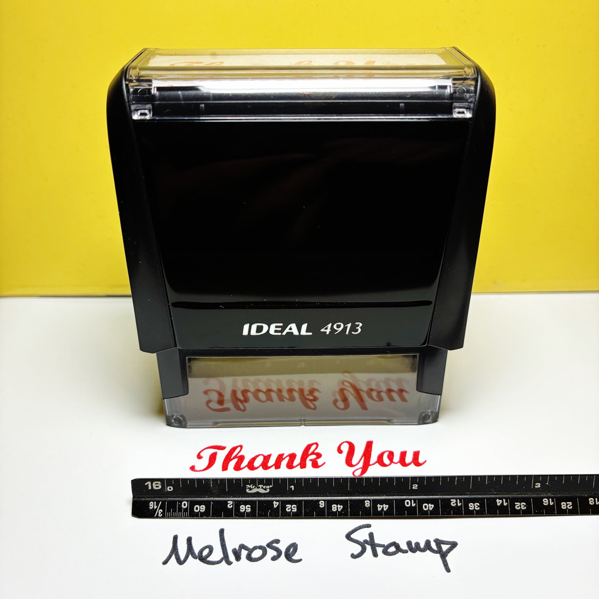 Ideal 4913 rubber stamp with 'Thank You' text on a yellow and white background