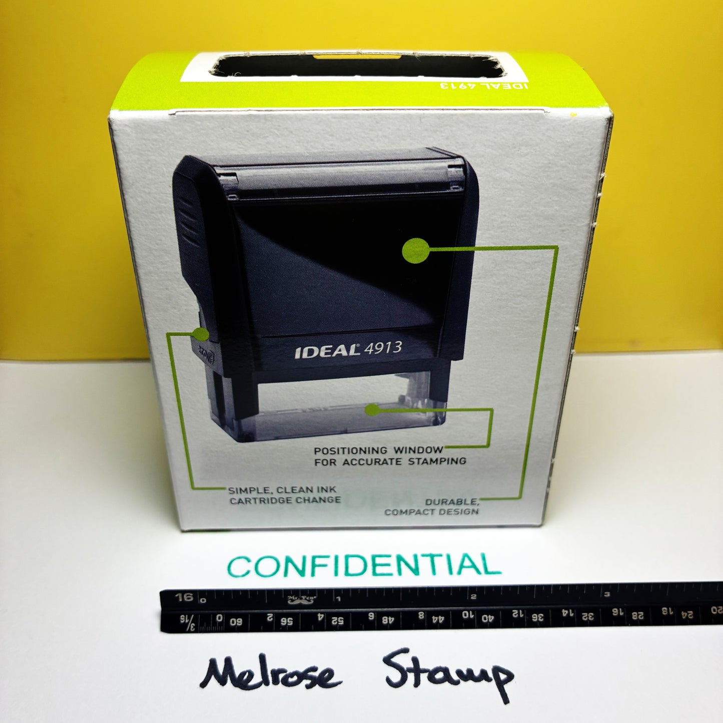 Boxed Ideal 4913 stamp with 'Confidential' stamp green ink self-inking
