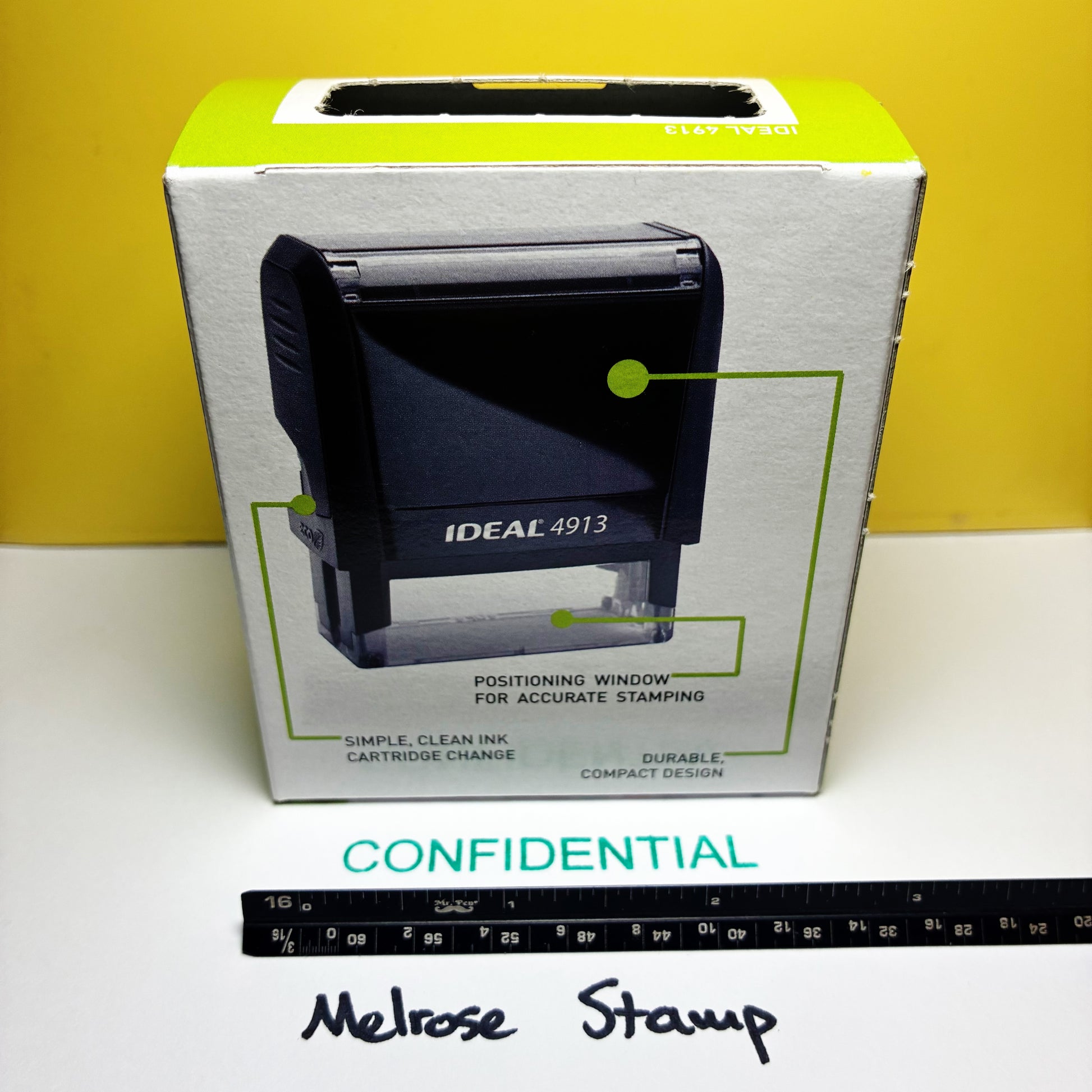 Boxed Ideal 4913 stamp with 'Confidential' stamp green ink self-inking