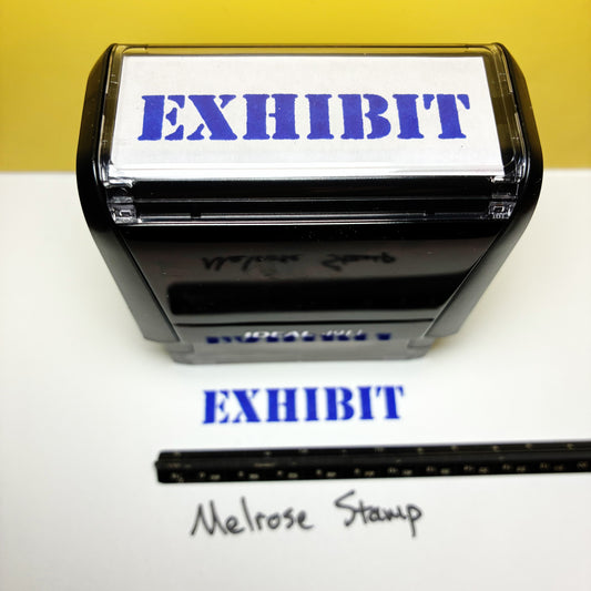 Rubber stamp with 'EXHIBIT' text on a white background, featuring the brand 'Melrose Stamp'.