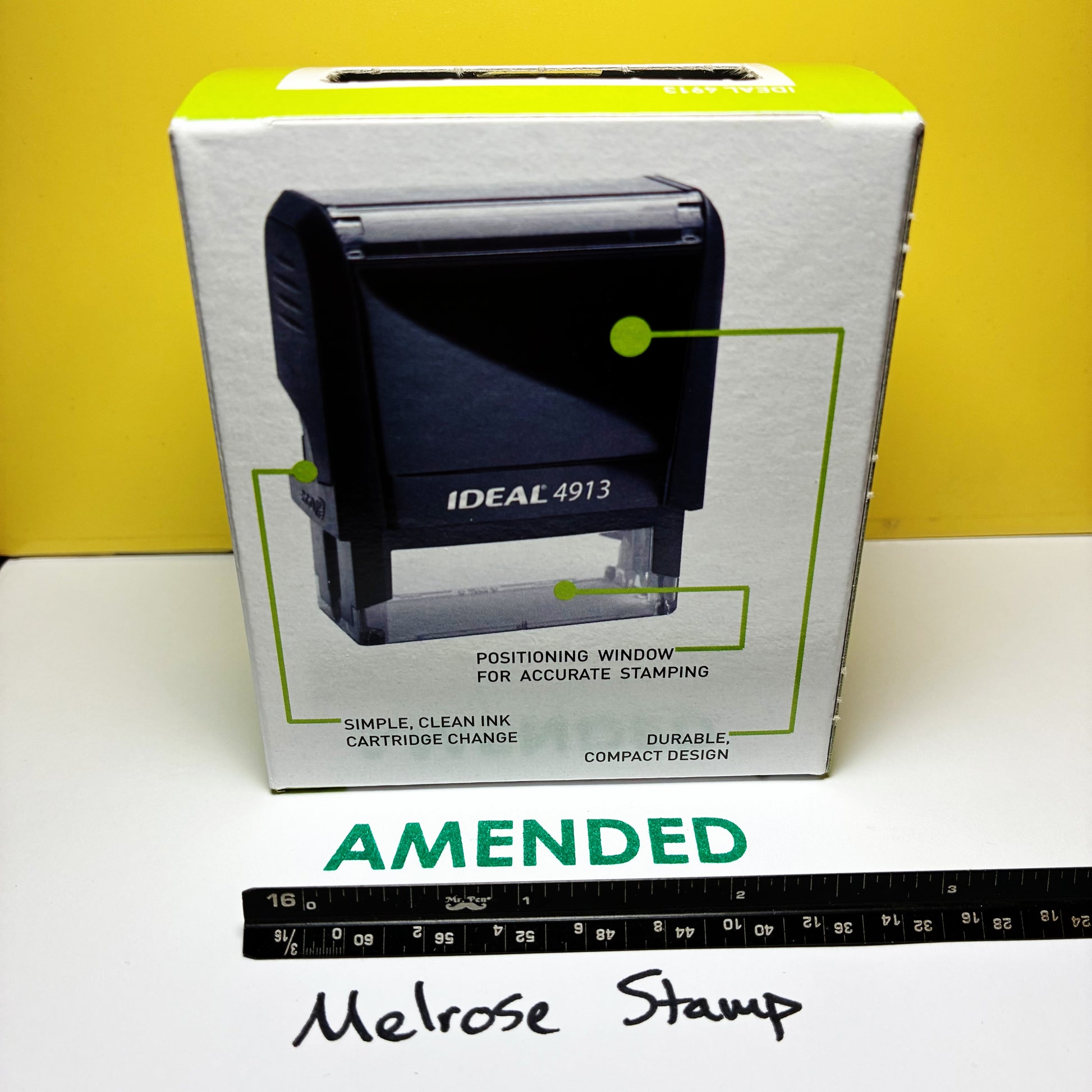 Boxed Ideal 4913 rubber stamp with 'AMENDED' green ink large