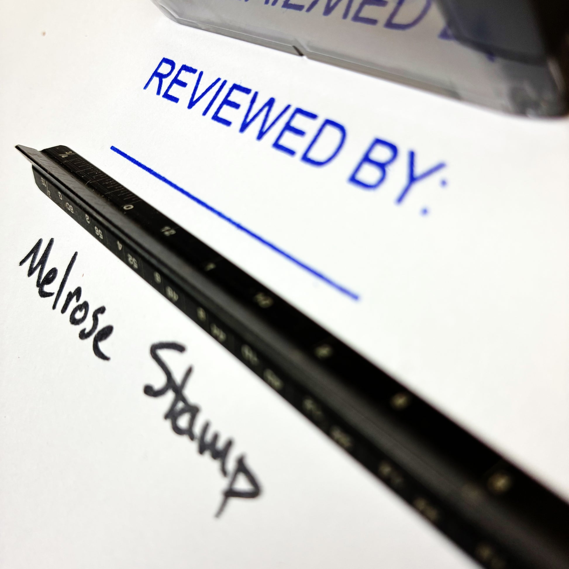 Rubber stamp with text 'REVIEWED BY' blue ink and 'Melrose Stamp' on a white background