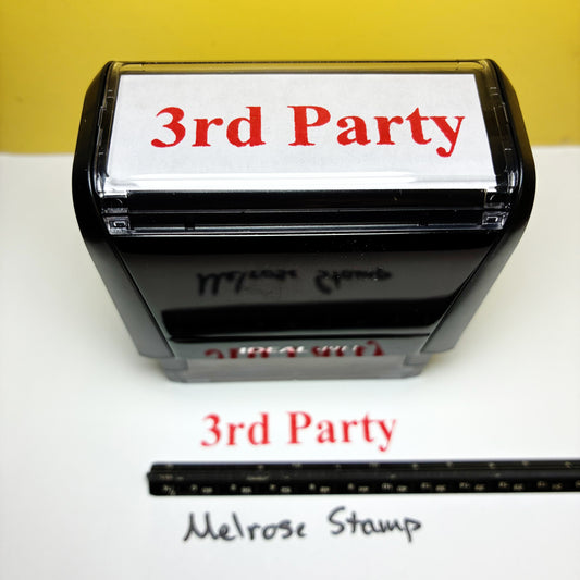 Self-inking stamp with '3rd Party' text  red ink and a ruler for scale on a white background.