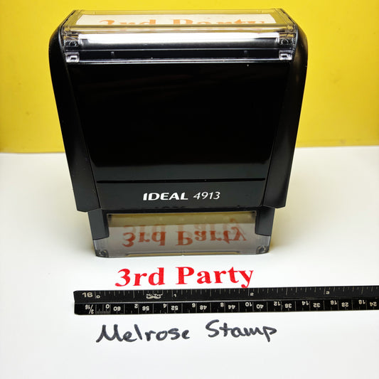 Rubber stamp with '3rd Party' text on a white surface with yellow background