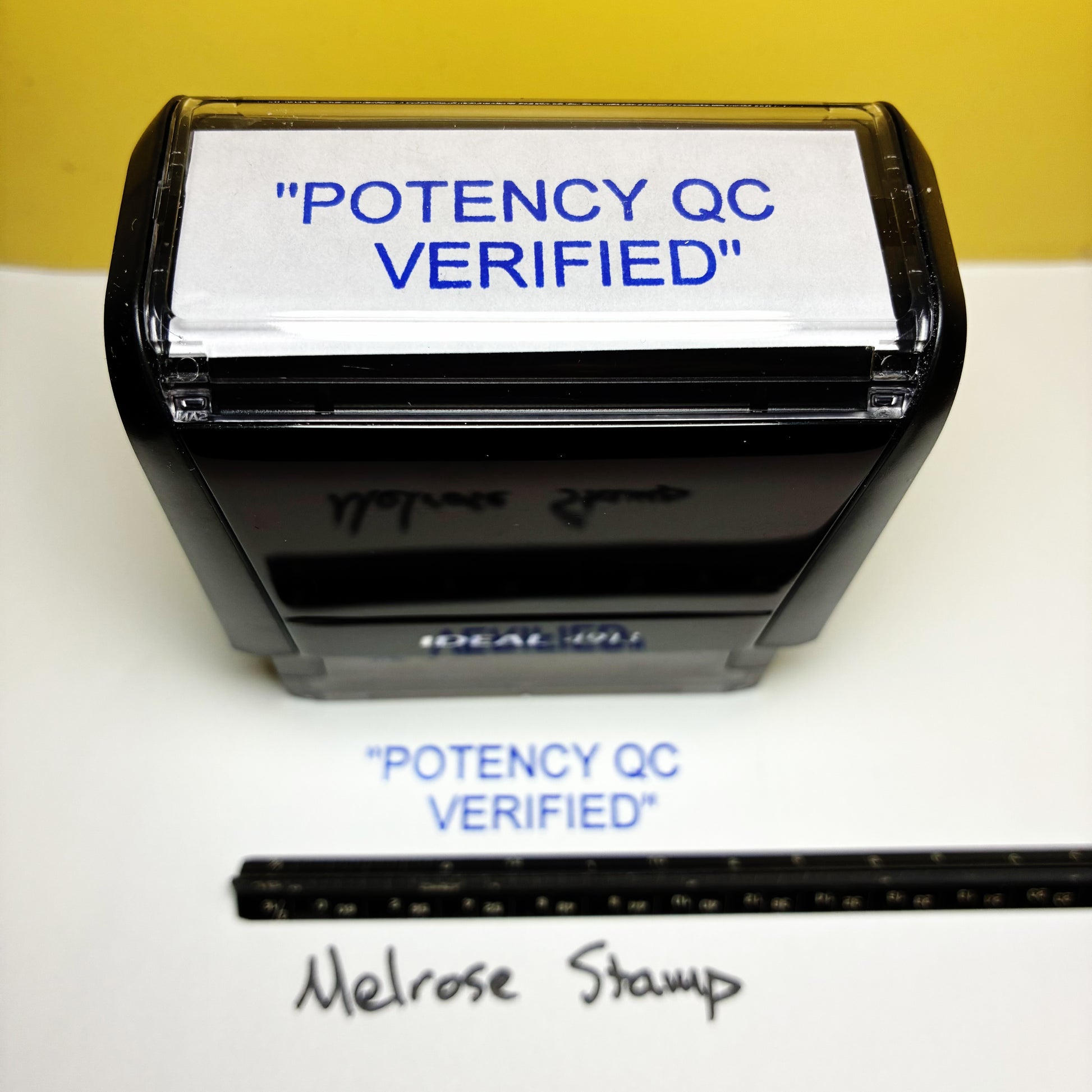 POTENCY QC VERIFIED stamp blue ink self-inking large