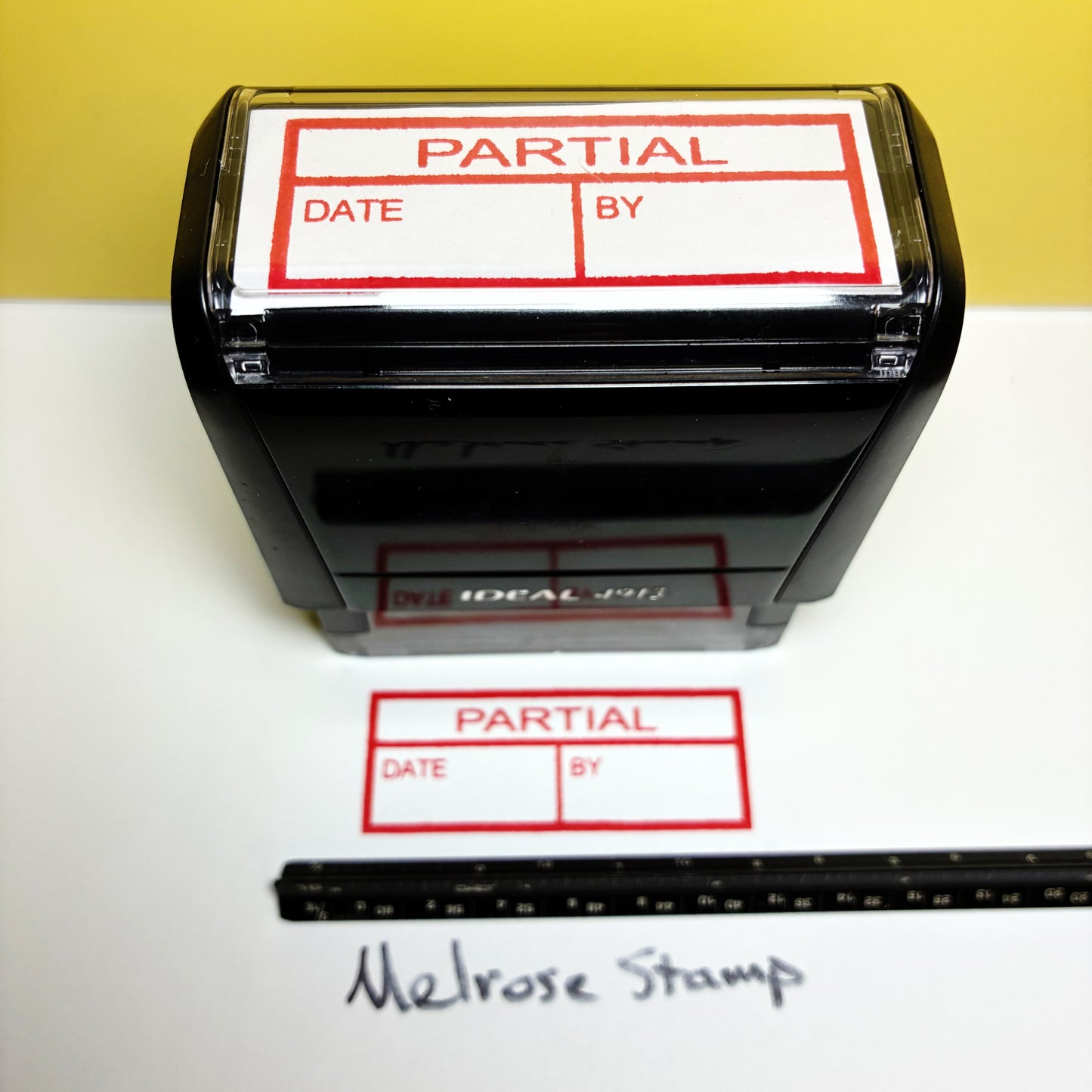 Partial with By and Date boxes Rubber Stamp Red Ink Self Inking Ideal 4913