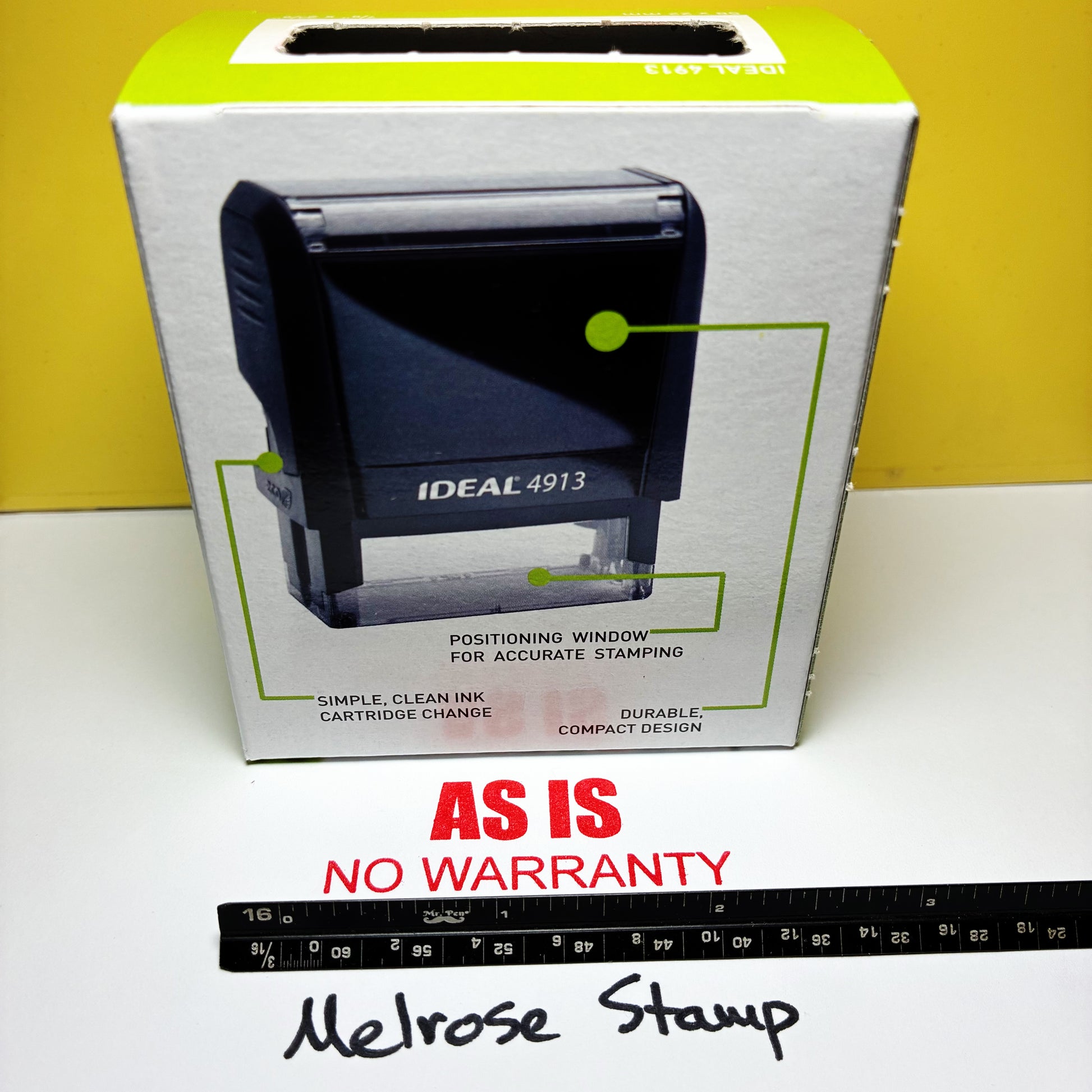 Boxed Ideal 4913 rubber stamp with 'As Is, No Warranty' label and ruler at the bottom.