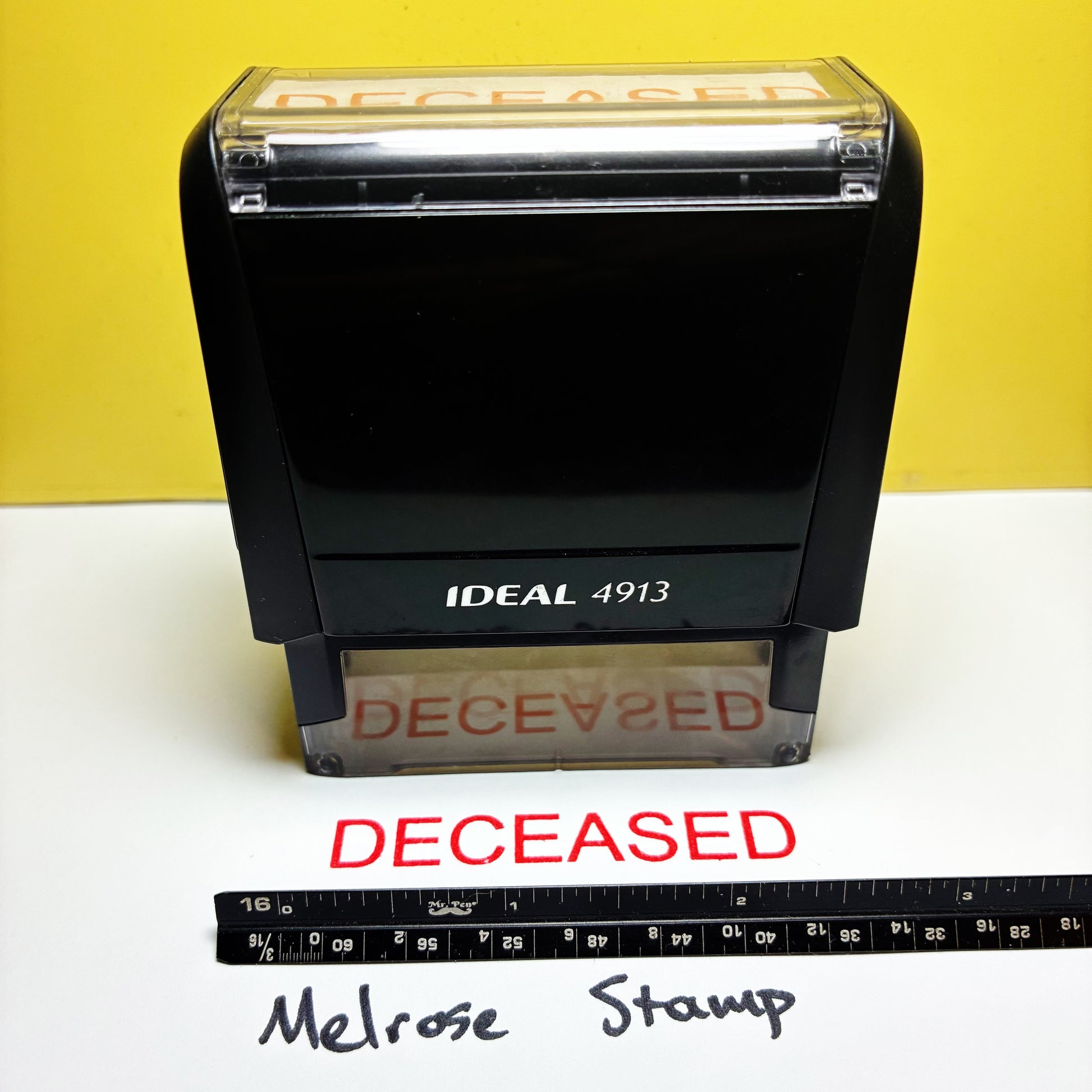 Deceased rubber stamp with yellow background